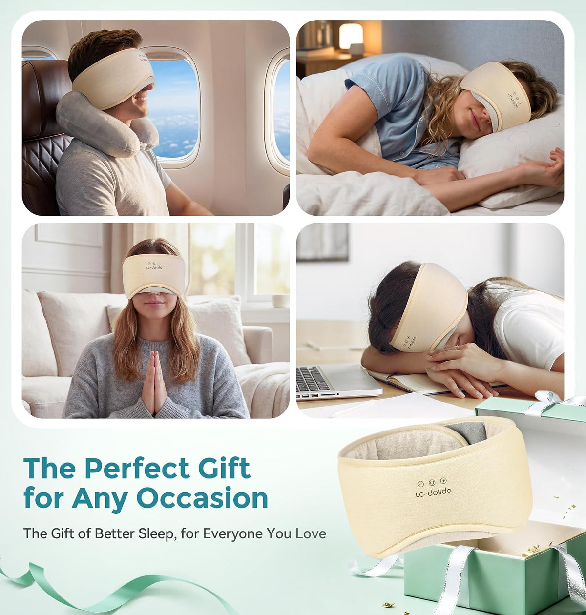LC-dolida Sleep Masks with Bluetooth Headphones, Soft Seaweed Fiber Cotton Bluetooth Sleep Mask, Total Blackout Fully Wrapped Sleep Mask for Side Sleepers, Travel Meditation Gift, Green