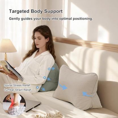 Pat. Pend. Corduroy Lumbar Support Back Pillow for Watching TV, Reading & Gaming, Ergonomic Triangle Support Cushion for Sofa, Armchair & Bed Sitting, Removable Washable Cover, Beige Gray