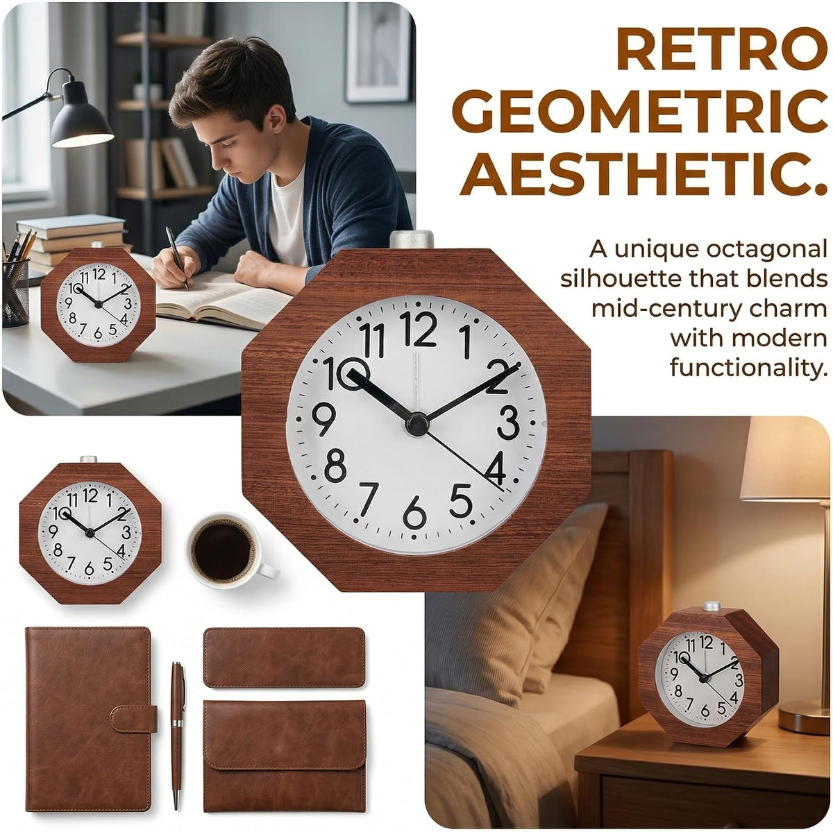 Wood Analog Alarm Clock 3'' Non-Ticking Backlight Battery Operated
