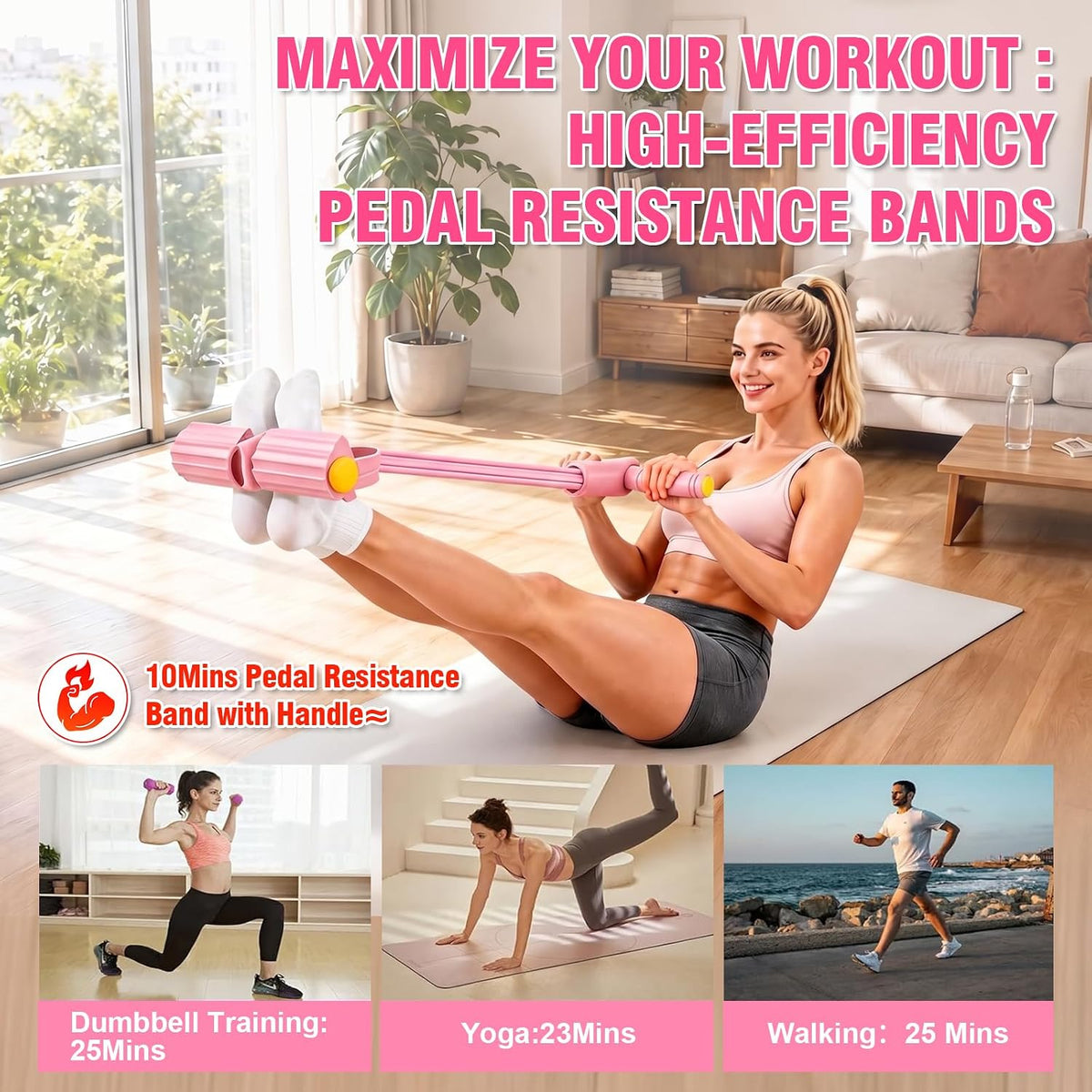 Foot Pedal Resistance Bands with Handles, Multifunction Elastic Yoga Exercise Bands, Home Gym Fitness Equipment for Women & Men to Tone Abs, Core, Legs, Arms, Waist