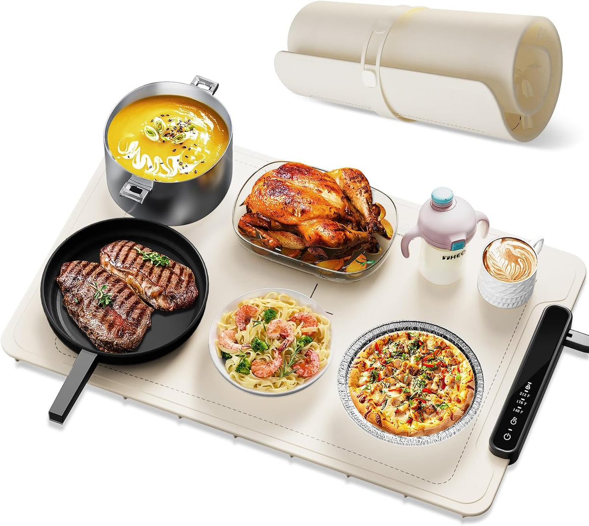 Food Warming Mat, Silicone Electric Warming Tray with 3 Modes Temperature & Fast Heating, Raised Feet Protects Table, Roll Up Buffet Hot Plates Heat Pad, Portable Food Warmer for Parties Home Travel
