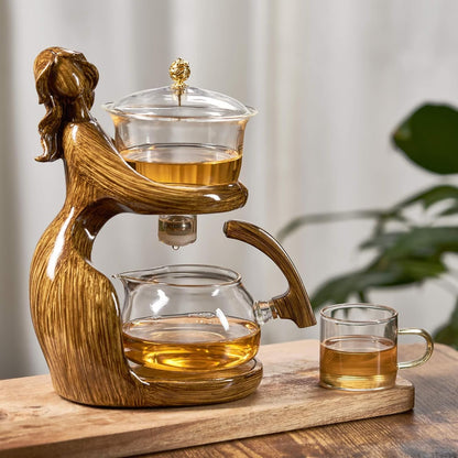 Glass Kungfu Teapot Set Tea maker with Infuser Semi Automatic Tea Set with 6 Small Cups (Red)