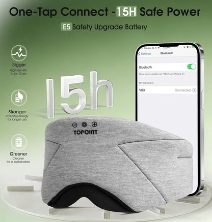 TOPOINT Sleep Mask with Bluetooth Headphones, 3D Eye Mask for Sleep Headphones with White Noise, Total Blackout, 5.4 Bluetooth, Timer, 15 Hours for Women Men, Travel, Meditation, Nap, CPAP Users