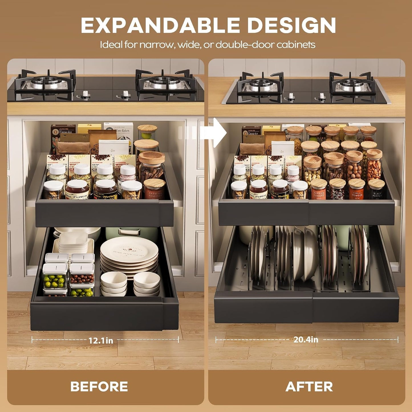 Seinloes 2Pack Pull out Cabinet Organizer 21"Deep with 4 Adjustable Dividers,Expandable（12.1"-20.4"W） Pots and Pans Organizer Under Cabinet with Raising Pad for Framed Cabinets,Slide out Drawers,White