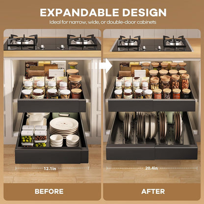 Seinloes 2Pack Pull out Cabinet Organizer 21"Deep with 4 Adjustable Dividers,Expandable（12.1"-20.4"W） Pots and Pans Organizer Under Cabinet with Raising Pad for Framed Cabinets,Slide out Drawers,White