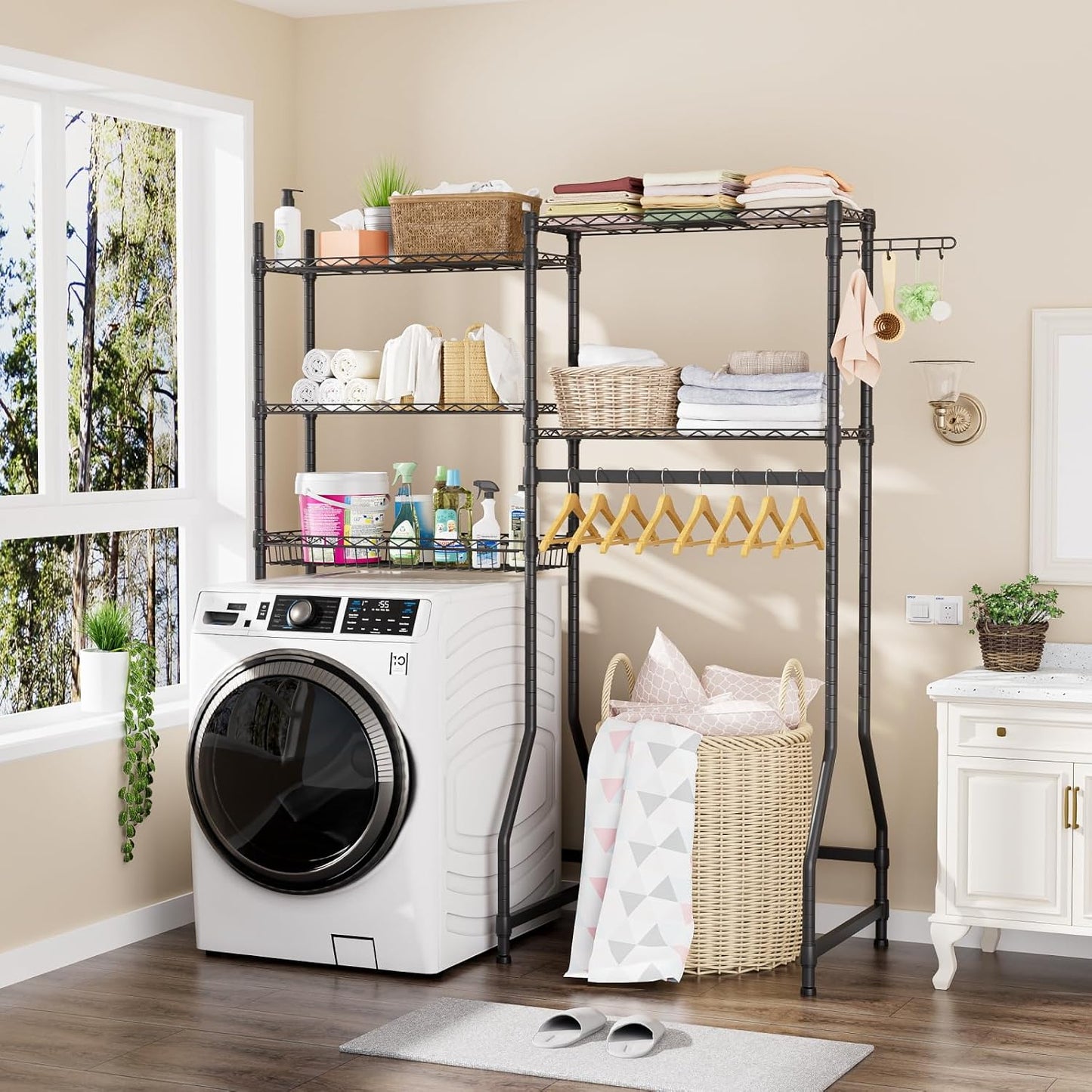 Golpart Laundry Organizer Shelves Over the Washer and Dryer Storage Shelf | Heavy Duty Laundry Room Organization Clothes Drying Rack Adjustable Height Wire Shelving and Wire Basket with Hanger Rod