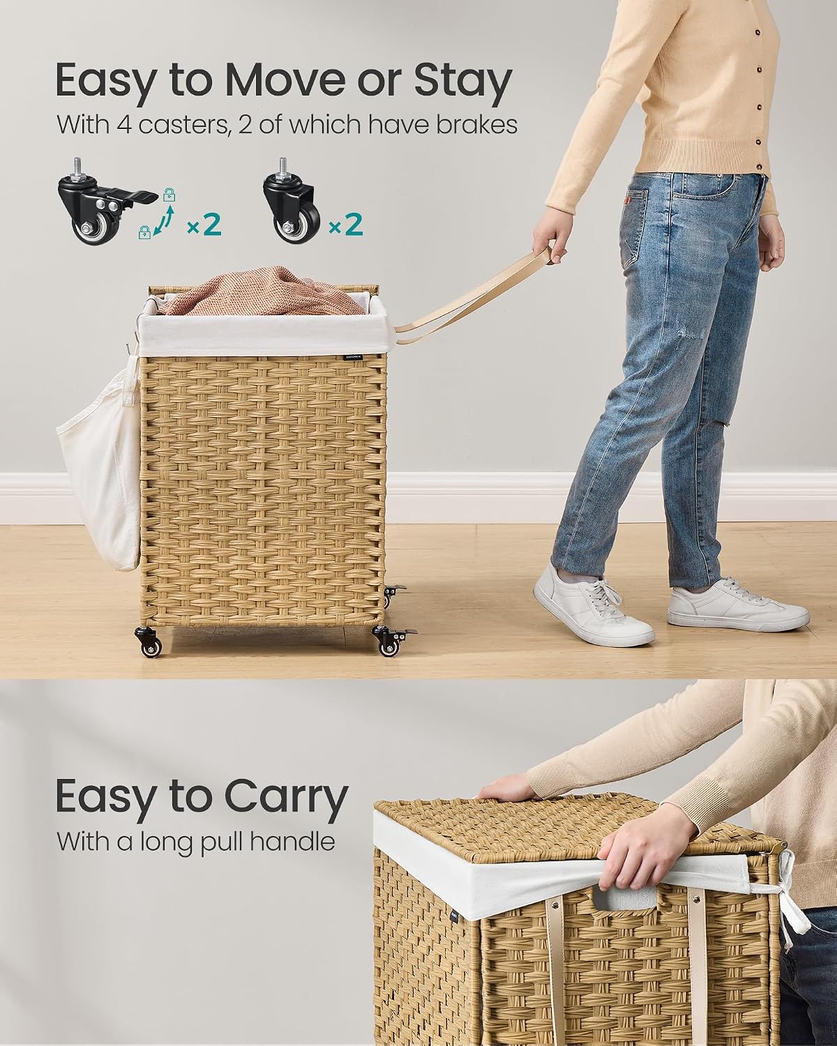 SONGMICS Laundry Hamper with Lid, 42.3 Gallons (160 L), Rolling Laundry Basket with Wheels, 3-Section Synthetic Rattan, Removable Liner, Bedroom, 29.9 x 13 x 26 Inches, Natural ULCB365N01