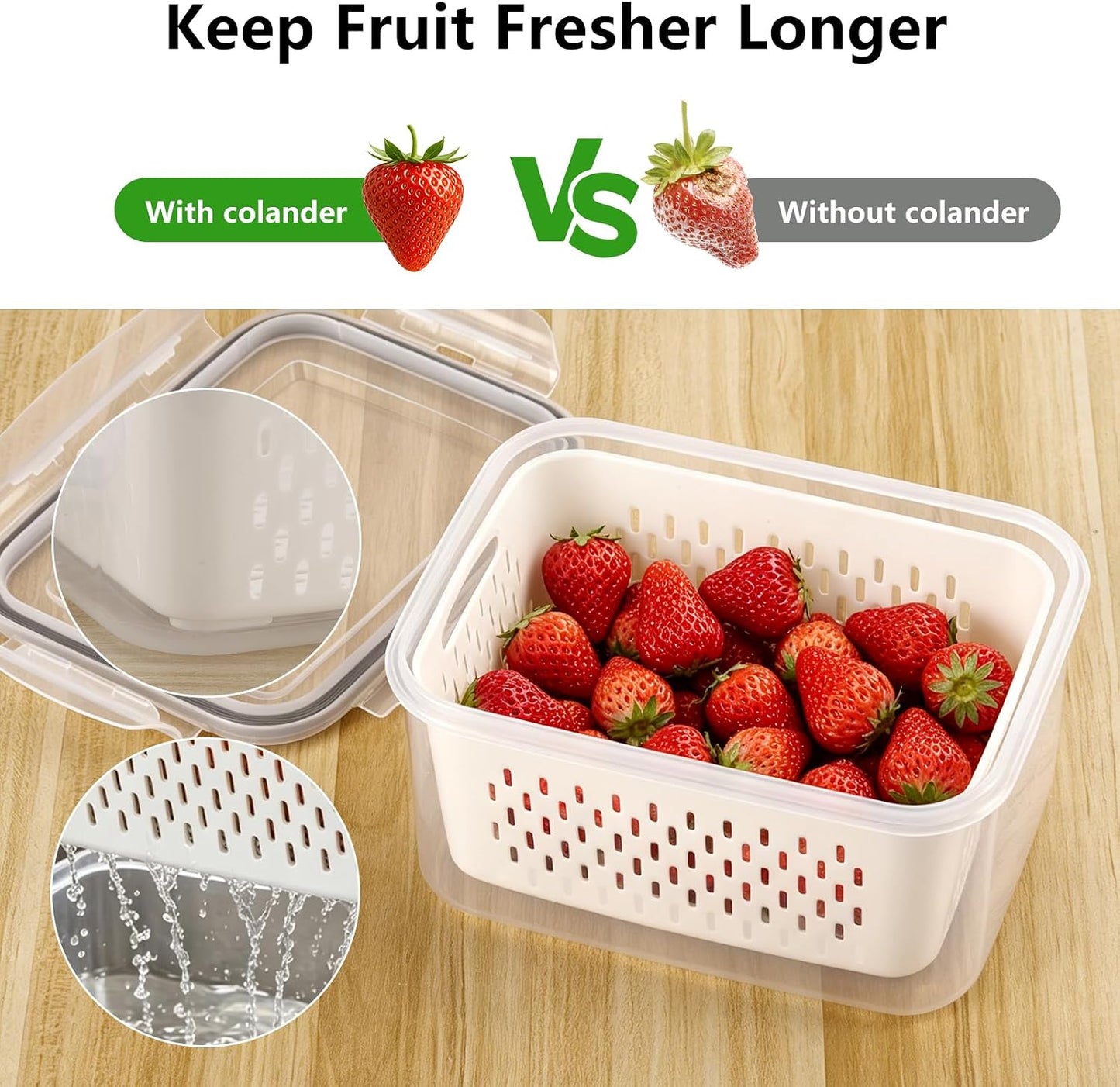 LoveBB 3 Pack Fruit Storage Containers for Fridge, Food Storage Containers with Removable Colander with Lid, Keep Fruits, Vegetables, Berry, Meat Fresh