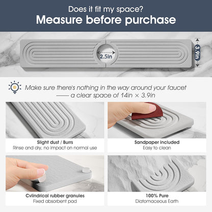 Quick Drying Stone Faucet Mat for Kitchen Sink - Diatomite Sink Mat Absorbing Stone Tray for Bathroom Counter, Sink Faucet Splash Guard Water Protector Matt for Kitchen Counter(White, 14" x 3.9")