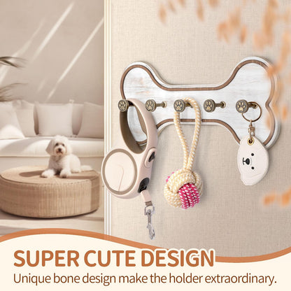 MTERSN Dog Leash Holder Wall Mount with 3D Paws Hooks, Distressed White | Bone-Shaped Dog Leash Holder for Wall, Leash Holder, 5 Dog Leash Hook, Pet Accessories Storage, Gift for Dog Lovers