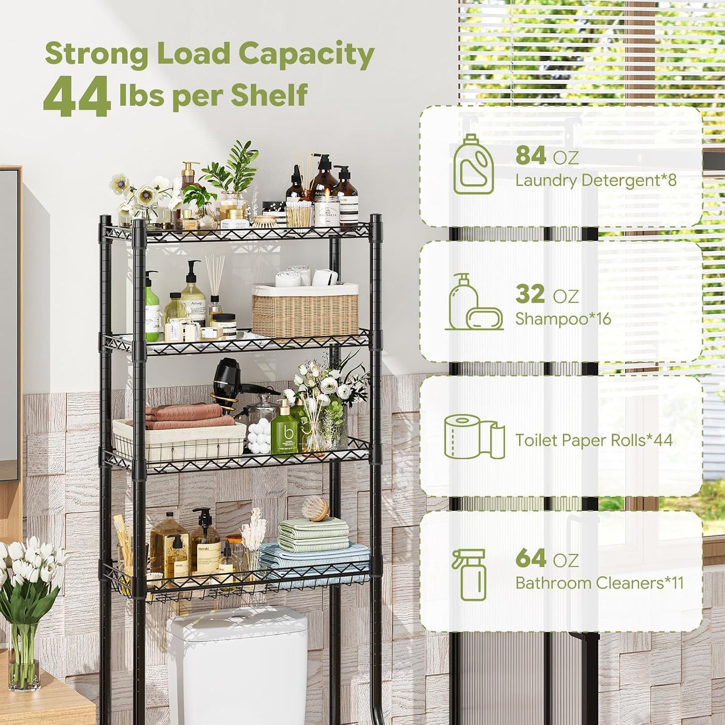 Simple Trending Over The Toilet Storage Cabinet, Metal Bathroom Shelf Organizer with Paper Holder and Hooks, 3 Tier, Black