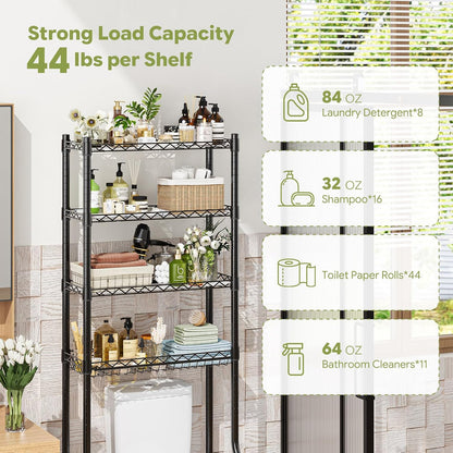 Simple Trending Over The Toilet Storage Cabinet, Metal Bathroom Shelf Organizer with Paper Holder and Hooks, 3 Tier, Black