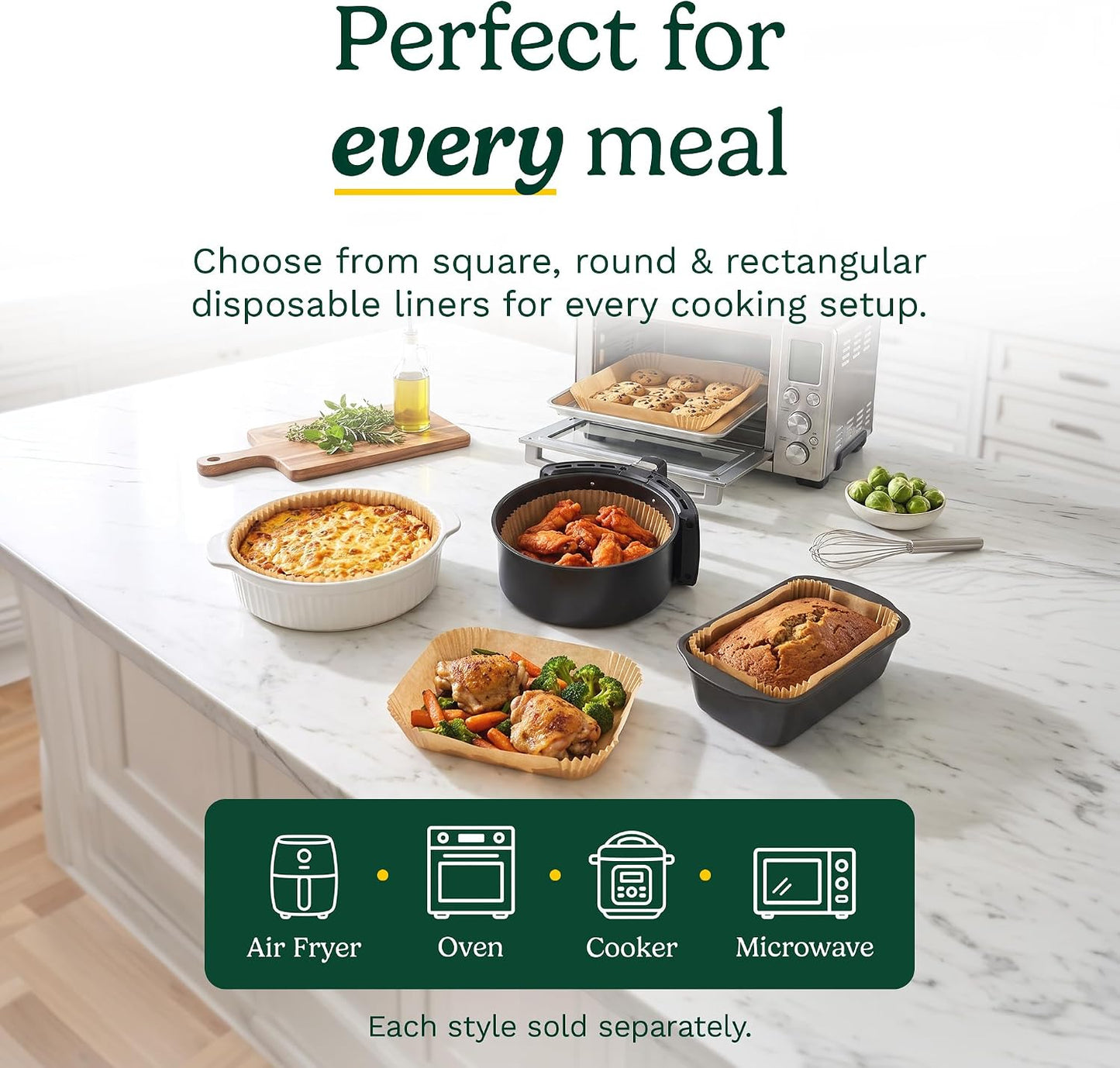 Cuisinart Air Fryer Liners Disposable, 150 Pack, 7.75" Square | Food-grade unbleached silicone-coated parchment for air fryer basket, non-stick to 428F, traps grease, oven & microwave safe