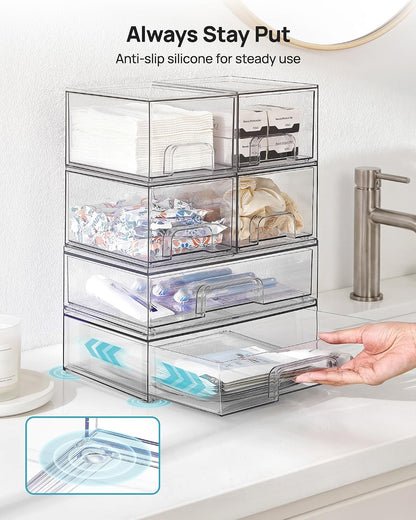 Vtopmart Clear Stackable Storage Drawers Set of 6, Plastic Organizer Bins | Multi-purpose Boxes for Bathroom Accessories Storage, Ideal for Cabinet, Shelf, Pantry, Laundry Room Organization