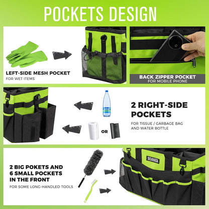 SCAVATA Wearable Cleaning Caddy Bag, Cleaning Caddy Supplies Organizer with Handle & Shoulder Straps for Housekeepers, Under Sink & Car Cleaning Tool Organizers with 4 Foldable Divider (Lake Blue)