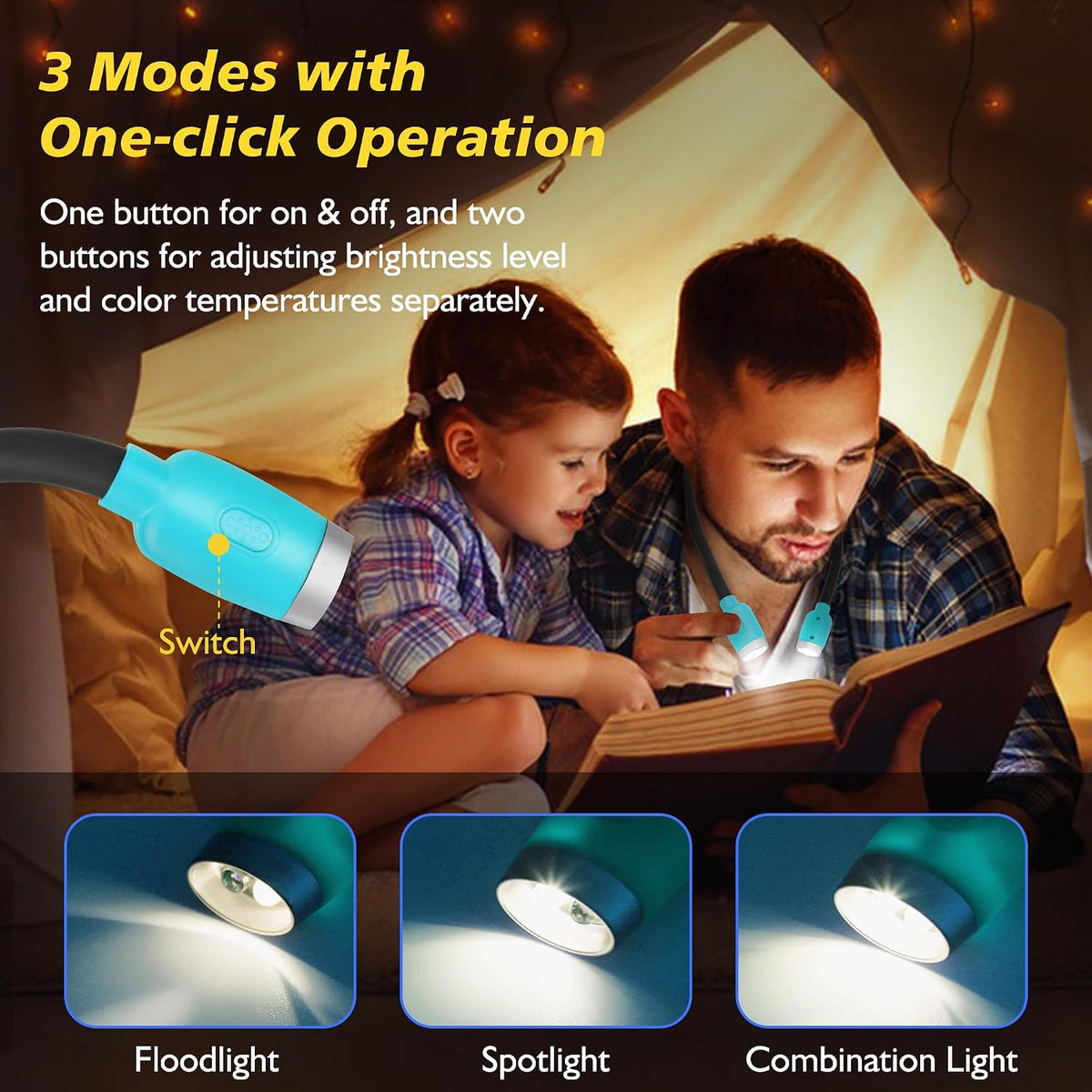 LEDGLE Neck Book Light for Reading Rechargeable,Long Arm,6 Brightness-Black