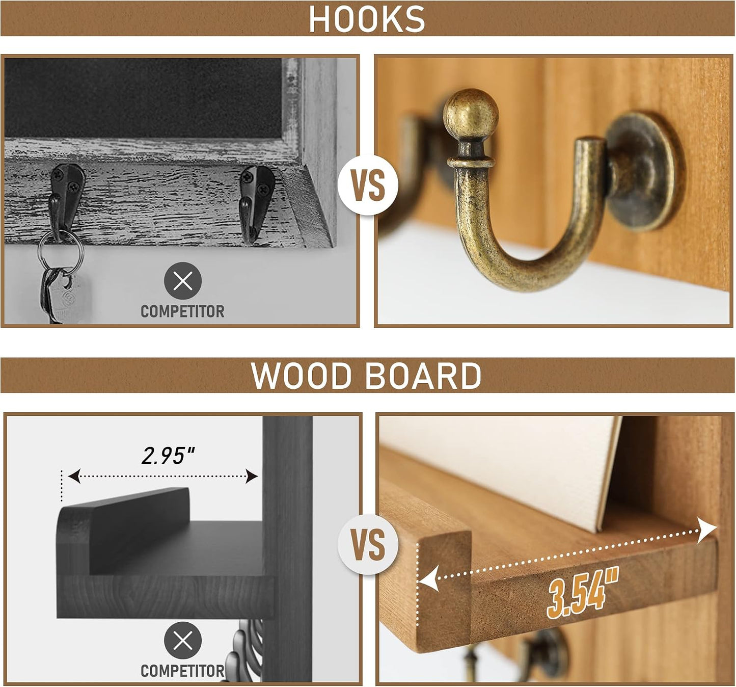 Rebee Vision Key Holder Wall Mount with 5 Key Hooks for Home Decor, Brown | 3.54'' x 10'' x 7.28'', Small Shelf for Display Plant, Key Hangers for Hat, Entryway Space-Saving Storage