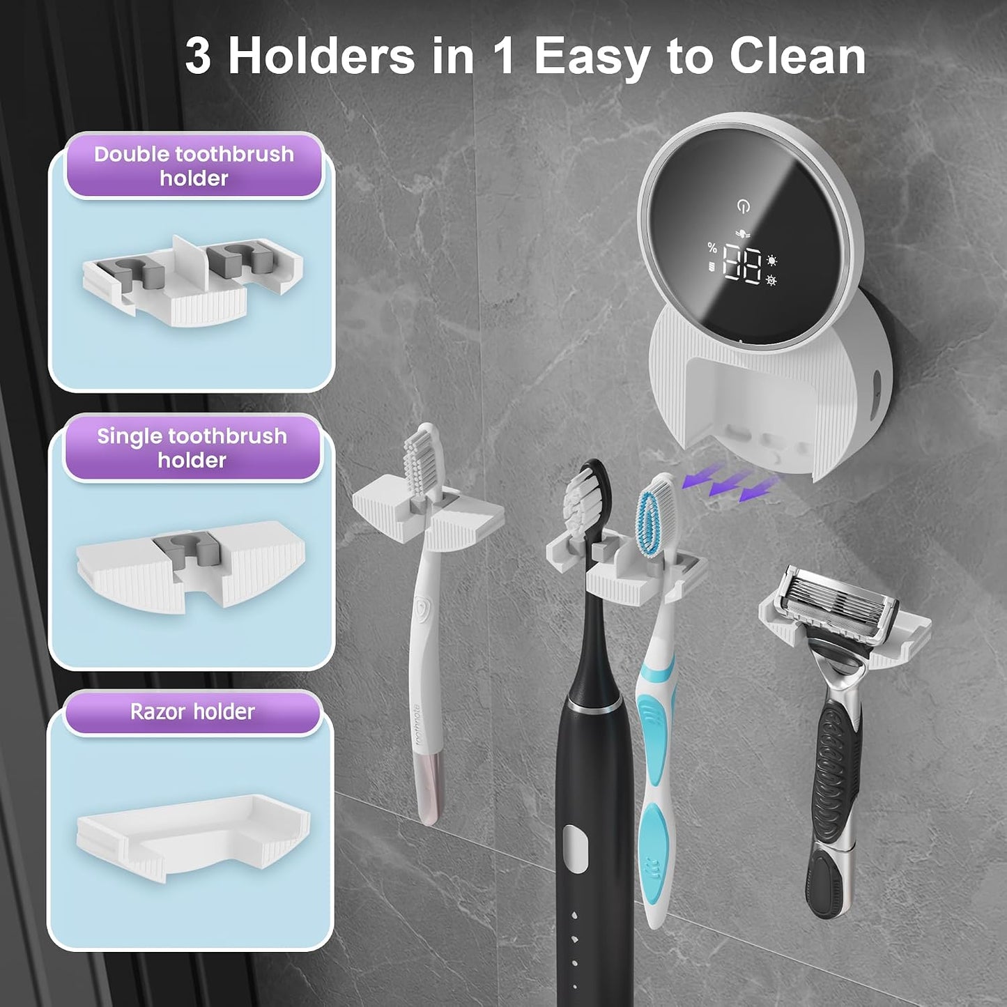 Toothbrush Holder and Cleaner Razor Holder and Dryer Auto Open/Close Cover Rechargeable Wall-Mounted Suitable for Most Toothbrushs