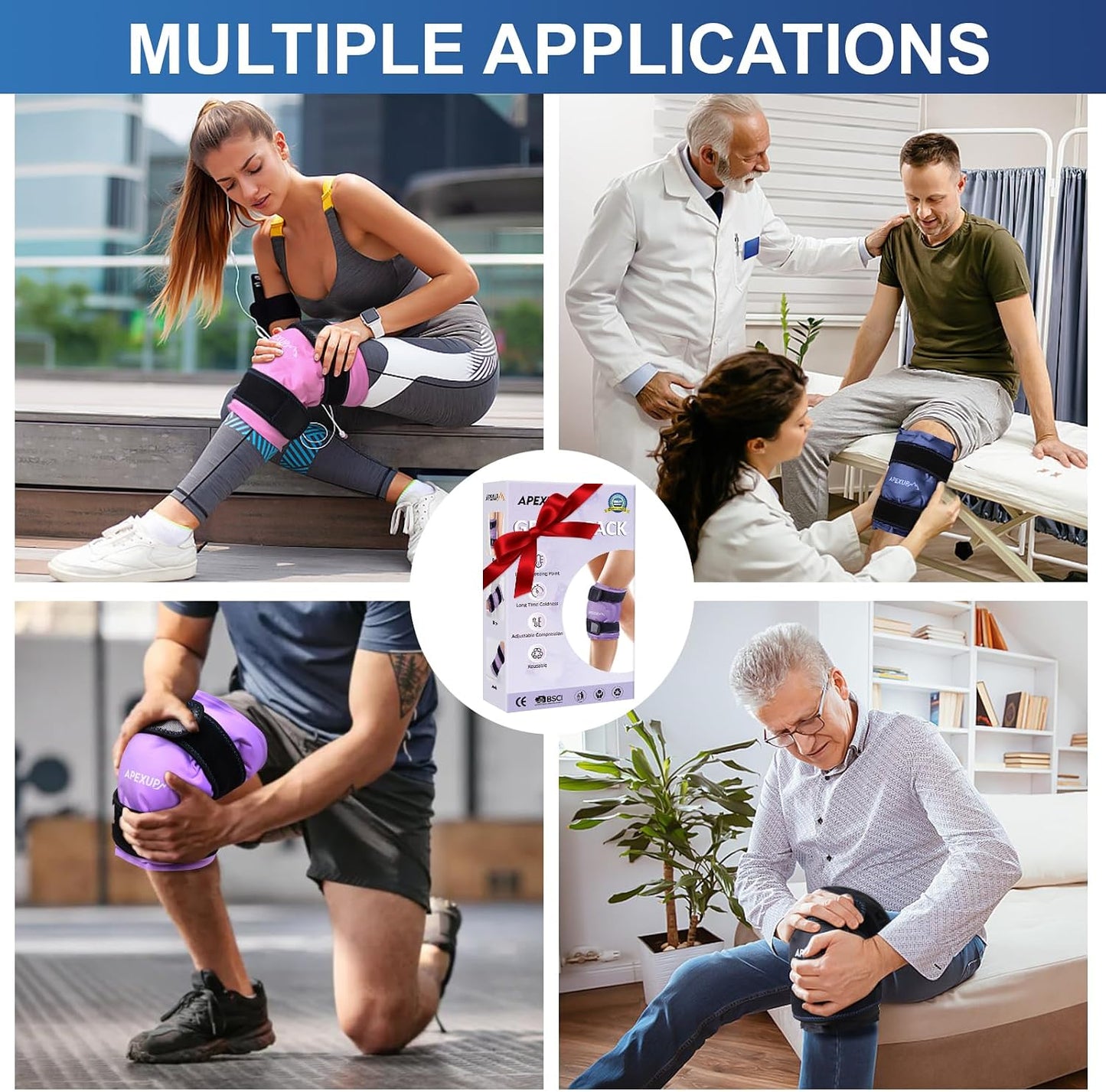 APEXUP Ice Pack for Knee Pain Relief, Large Reusable Wrap After Surgery, Flexible Gel Cold Pack for Injuries, Pain Relief for Back, Shoulder, Elbow, Ankle and Leg (Blue, L, 1PK)