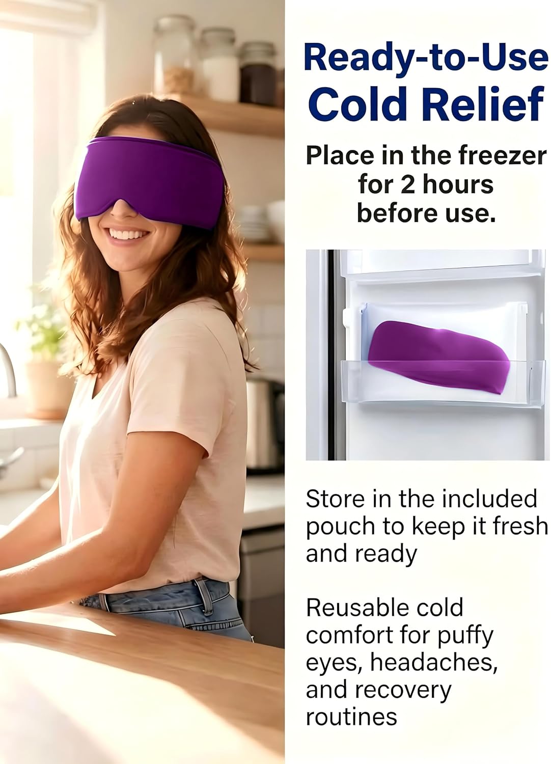 Cooling Gel Eye Mask for Puffy Eyes, Migraine & Headache Relief, Full Eye-Area Cold Compress for Eyes & Temples, FSA Eligible HSA Reusable Eye Ice Pack for Swelling & Post-Surgery Recovery