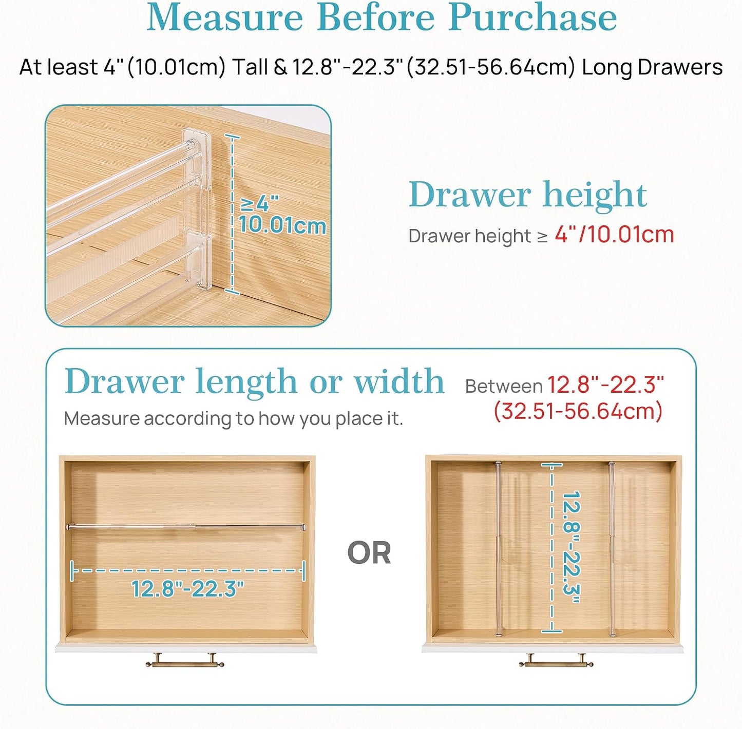 Vtopmart 2.36" Drawer Dividers with Expandable Inserts, 12.8"-22.3", 8 Pack | Adjustable Kitchen Drawer Organizer, Clear Organizer Separator for Flatware, Utensil, Cutlery, 8 Dividers with 14 Inserts