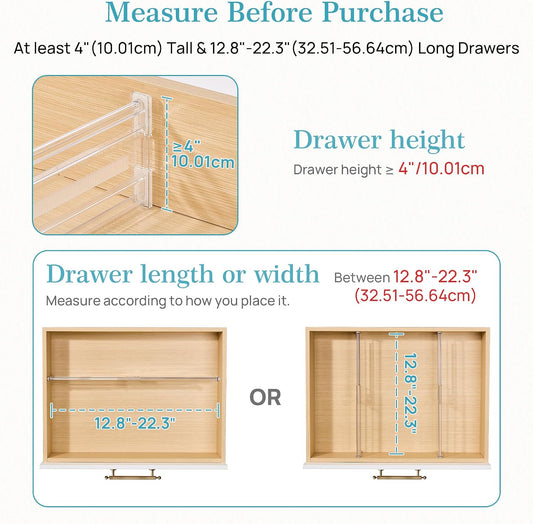 Vtopmart 2.36" Drawer Dividers with Expandable Inserts, 12.8"-22.3", 8 Pack | Adjustable Kitchen Drawer Organizer, Clear Organizer Separator for Flatware, Utensil, Cutlery, 8 Dividers with 14 Inserts