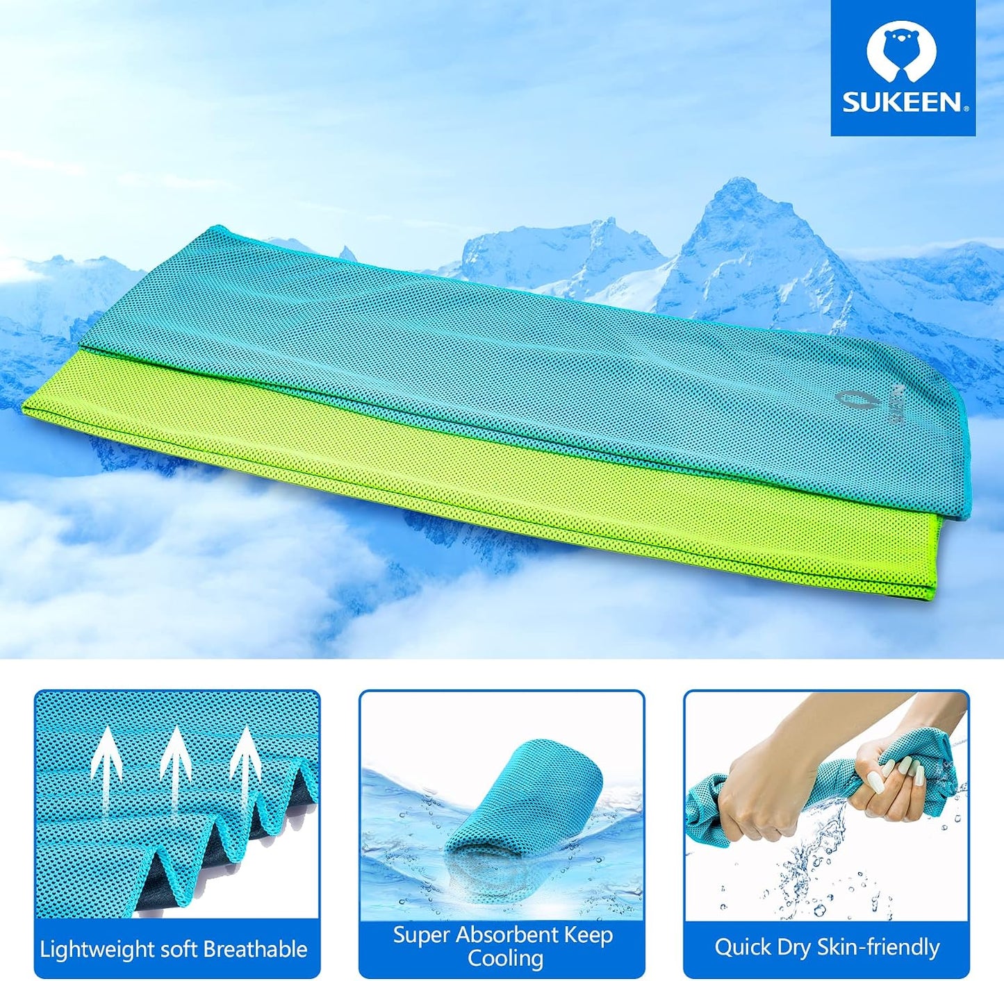 Sukeen 4 Pack Cooling Towels (40"x12") for Neck and Face Instant Cooling | Stay Cool in Hot Weather,Versatility,Soft,Breathable,Durability for Sports,Outdoor activities,Summer works in heat