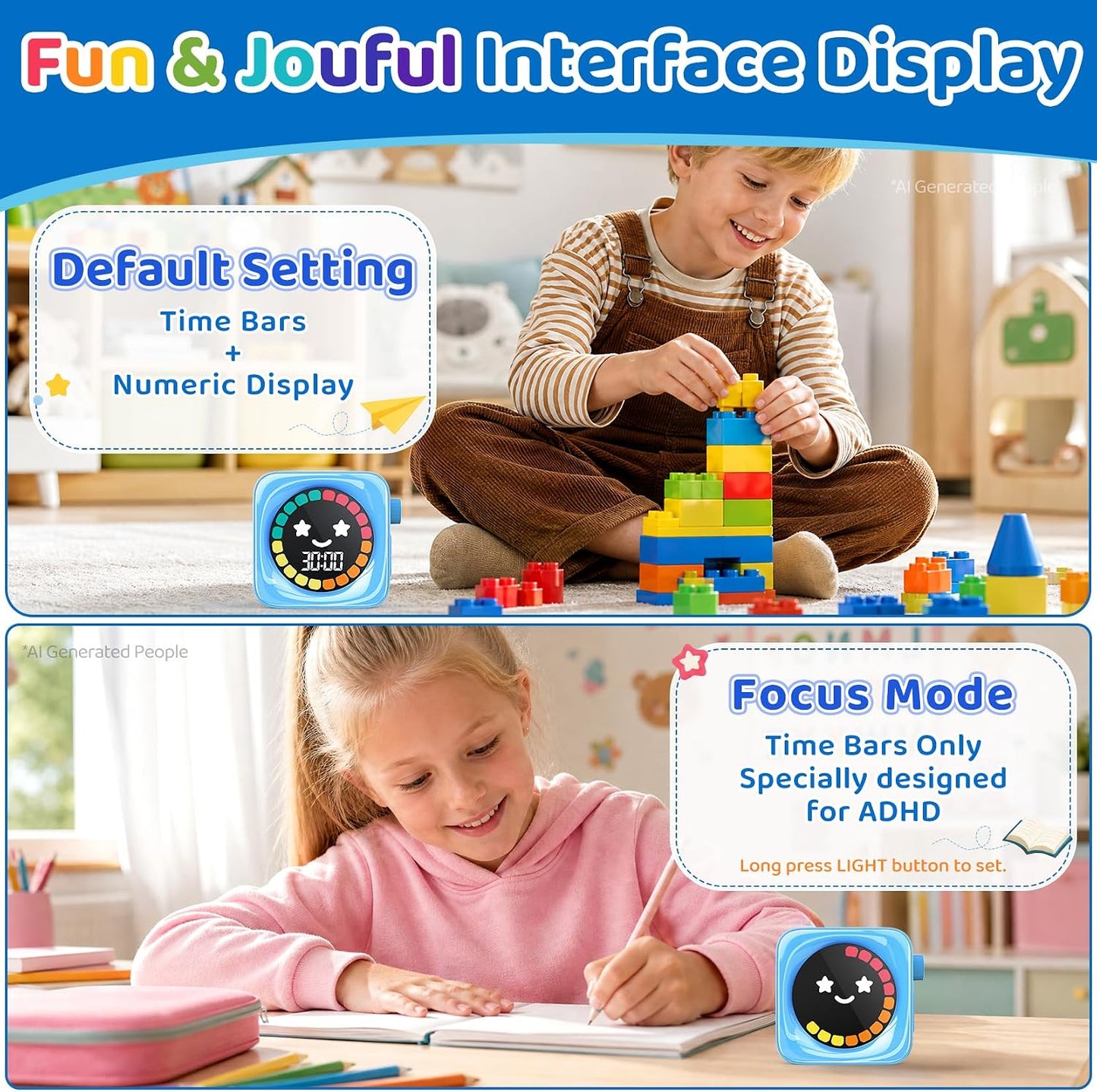 Visual Timer for Kids, 99 Minute Digital Cute Kids Visual Timer Classroom Timer for Homeschool Supplies Study Teaching Time Management Tool Countdown Productivity Timer, Blue, Colorful Display