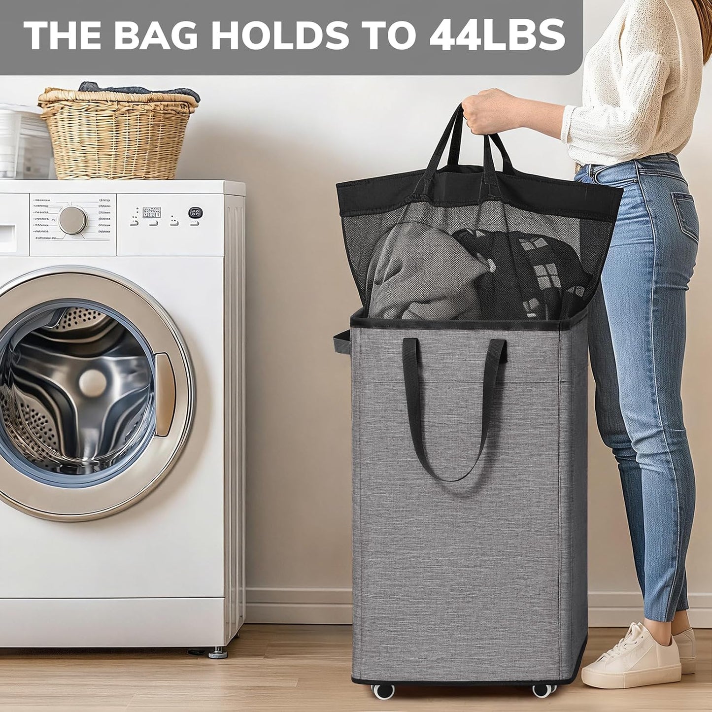 Goodpick 75L Laundry Basket with Wheels & Removable Wash Bag for Dorm | Rolling Laundry Basket with Handles for Dirty Clothes, Fodable Hamper for Laundry Room, Dorm Room Essentials, Grey