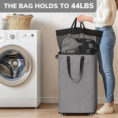 Goodpick 75L Laundry Basket with Wheels & Removable Wash Bag for Dorm | Rolling Laundry Basket with Handles for Dirty Clothes, Fodable Hamper for Laundry Room, Dorm Room Essentials, Grey