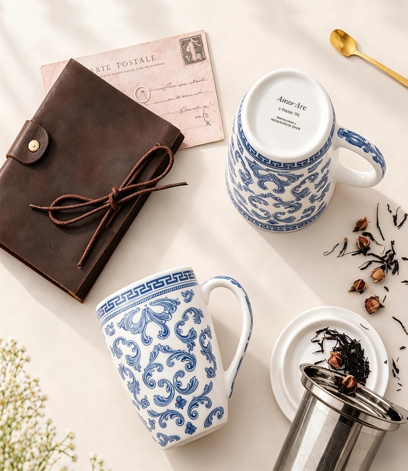 AmorArc Tea Cup With Infuser and Lid, 18oz Loose Leaf Tea Mug With Steeper | Porcelain Tea Mug With Infuser and Lid, Strainer Tea Cup for Tea Lovers, Home & Office, Housewarming Birthday Gift