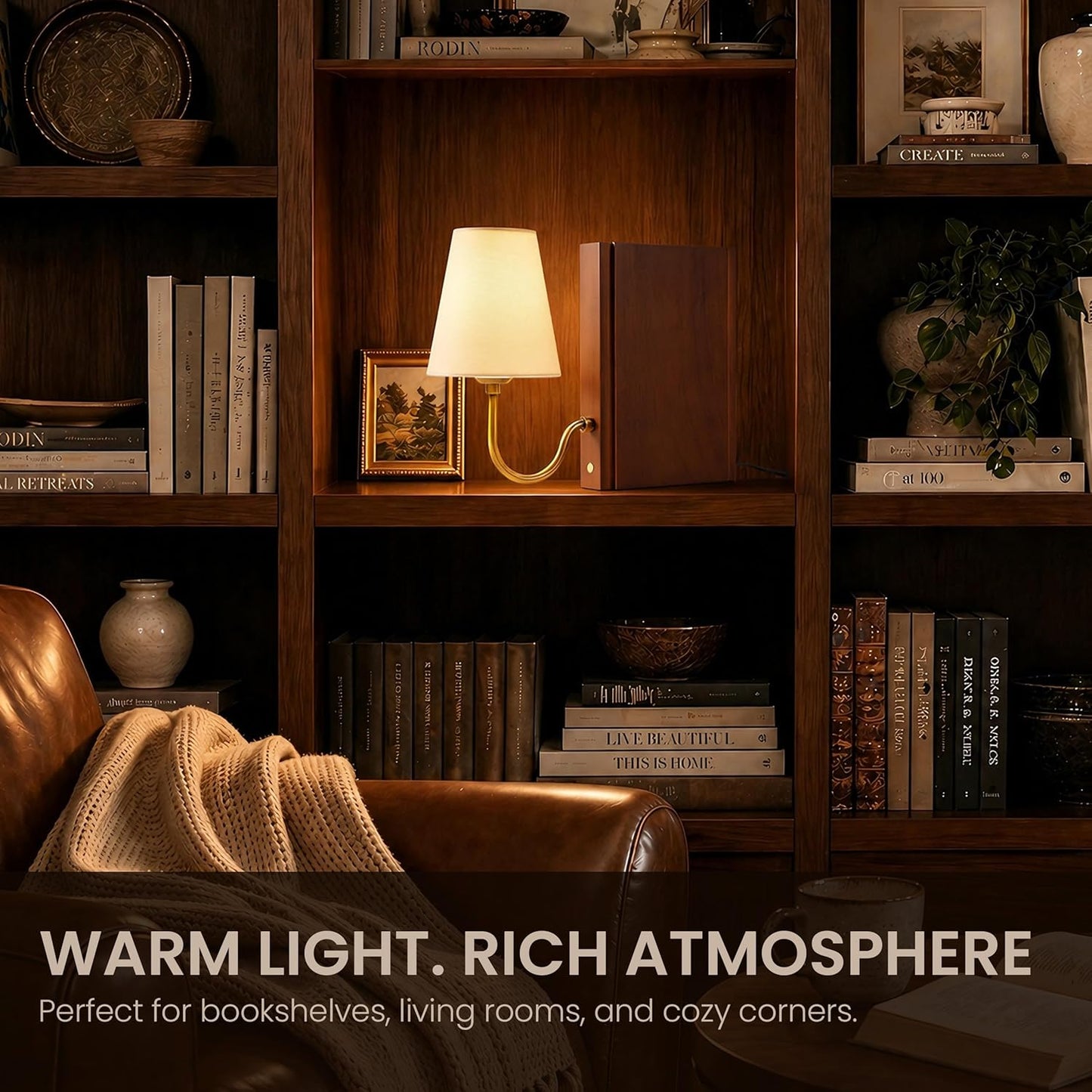 AELS Solid Wood Bookshelf Lamp with Bulb, Cordless Rechargeable Touch Dimmable Table Lamp with Linen Fabric Shade, Modern Decorative Bookend Lamp for Bedroom, Office & Bookshelf Decor, Dark Brown