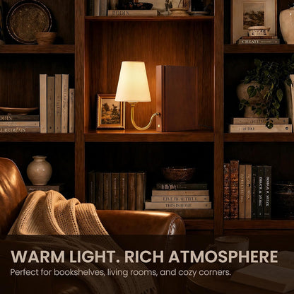AELS Solid Wood Bookshelf Lamp with Bulb, Cordless Rechargeable Touch Dimmable Table Lamp with Linen Fabric Shade, Modern Decorative Bookend Lamp for Bedroom, Office & Bookshelf Decor, Dark Brown