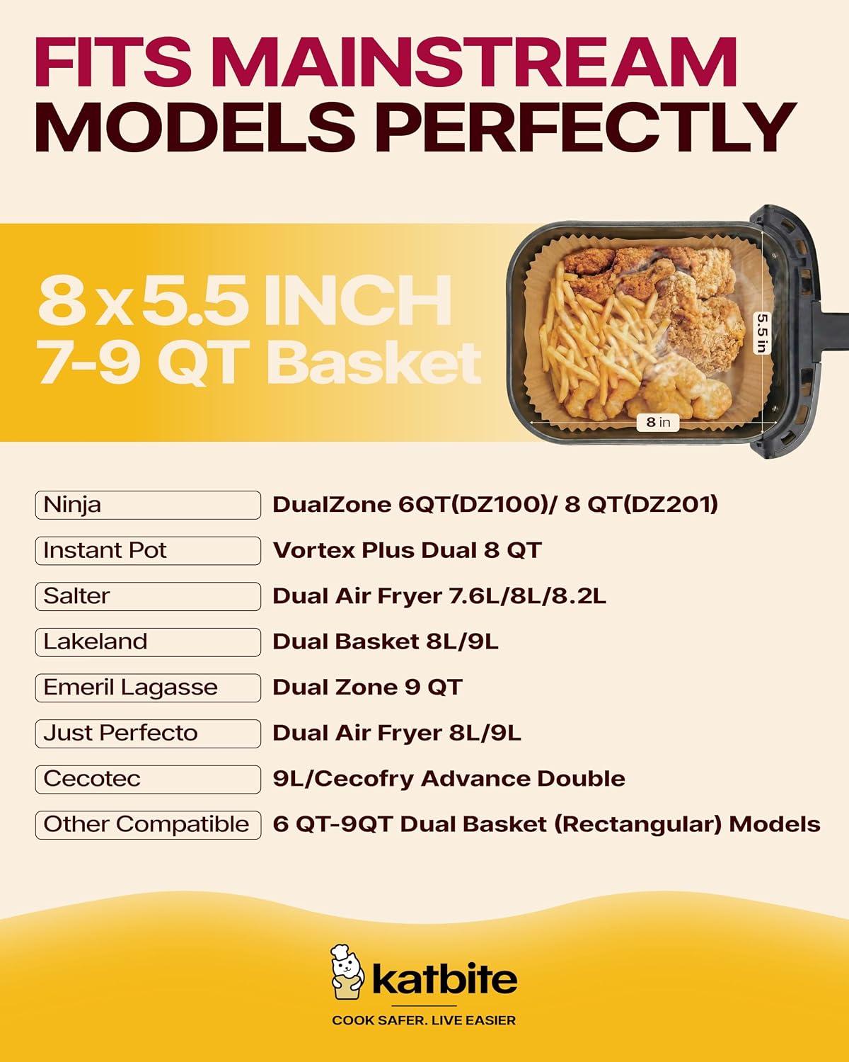 Katbite Air Fryer Liners, 8.6 x 5.5 Inch for Dual Basket Fryers, 220 Count | Disposable oil-proof parchment liners for dual basket air fryers; Compatible with Foodi DZ201, DZ401 and FG551 models.