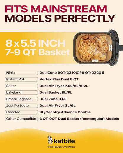 Katbite Air Fryer Liners, 8.6 x 5.5 Inch for Dual Basket Fryers, 220 Count | Disposable oil-proof parchment liners for dual basket air fryers; Compatible with Foodi DZ201, DZ401 and FG551 models.