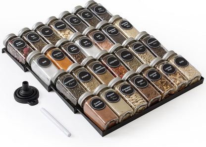 SIMPLEMADE-Spice Drawer Organizer, Spice Rack Drawer for Kitchen, 4 Tier Black Drawer Spice Organizer with 28 Jars and labels with a pen, Silicone Funnel, 13" by 17.5"