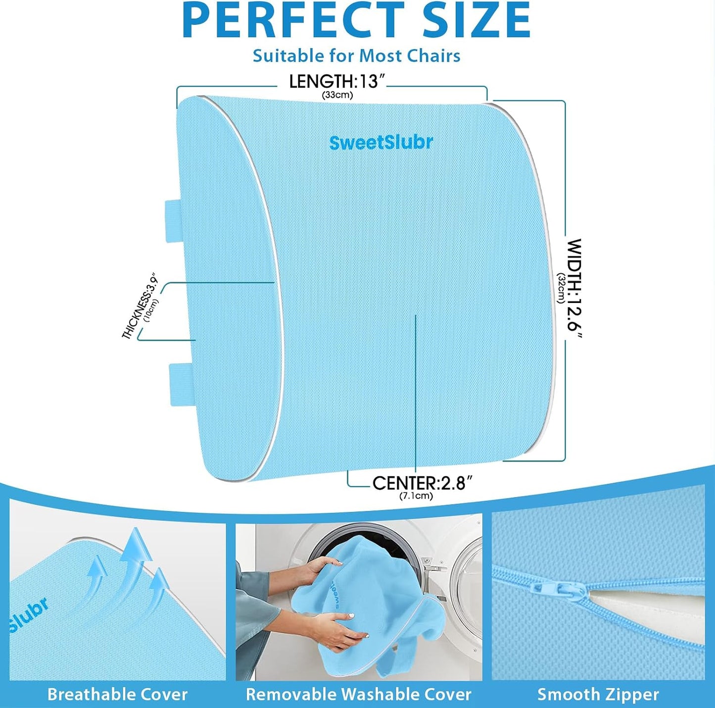 SweetSlubr Lumbar Support Pillow for Office Chair, Car & Gaming Chair, Ergonomic Memory Foam Cushion for Back Comfort, Zoned Back Support, Double Adjustable Straps, Breathable Washable Cover, Black
