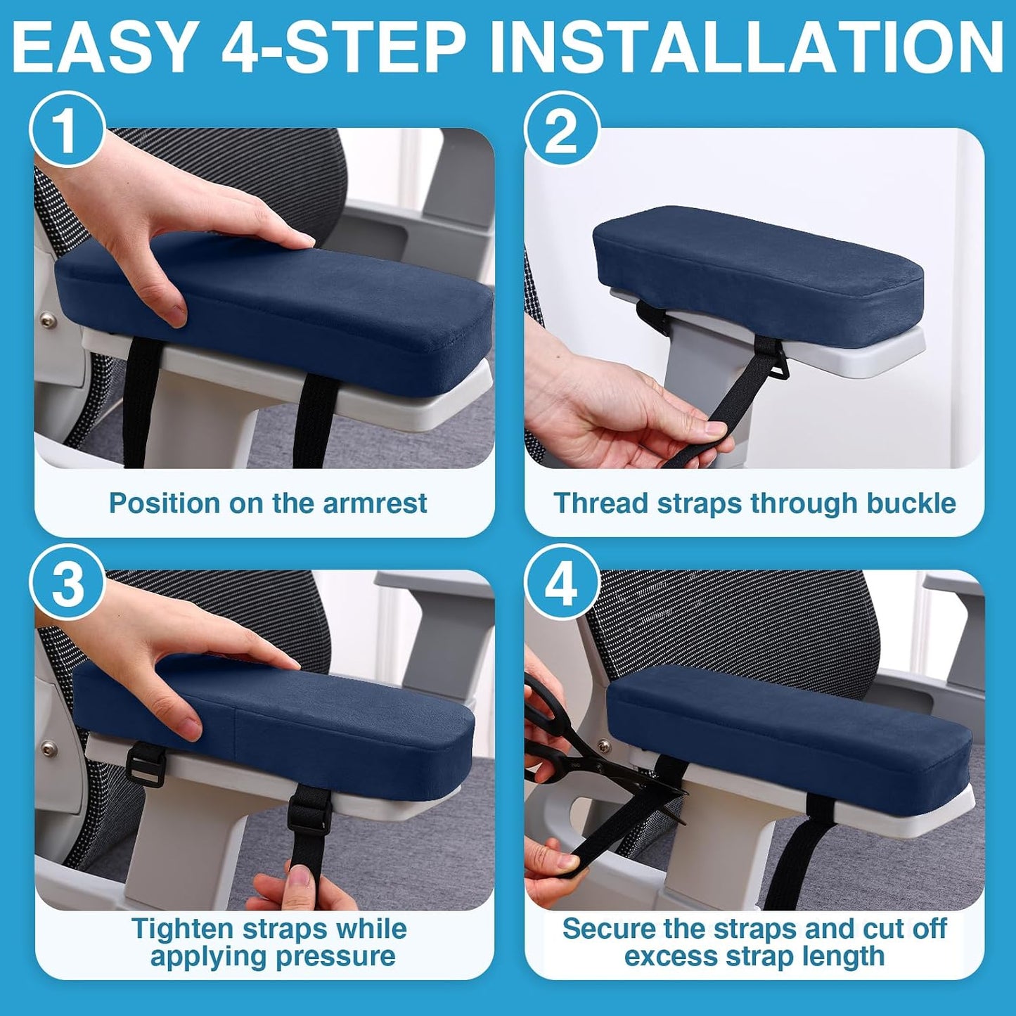 Smiry Memory Foam Office Chair Armrest Pads, Non-Slip Armrest Cushion | Ergonomic Arm Rest Pads with Adjustable Buckles and Straps, Elbow Relief for Desk, Gaming & Wheelchair, Black, Set of 2