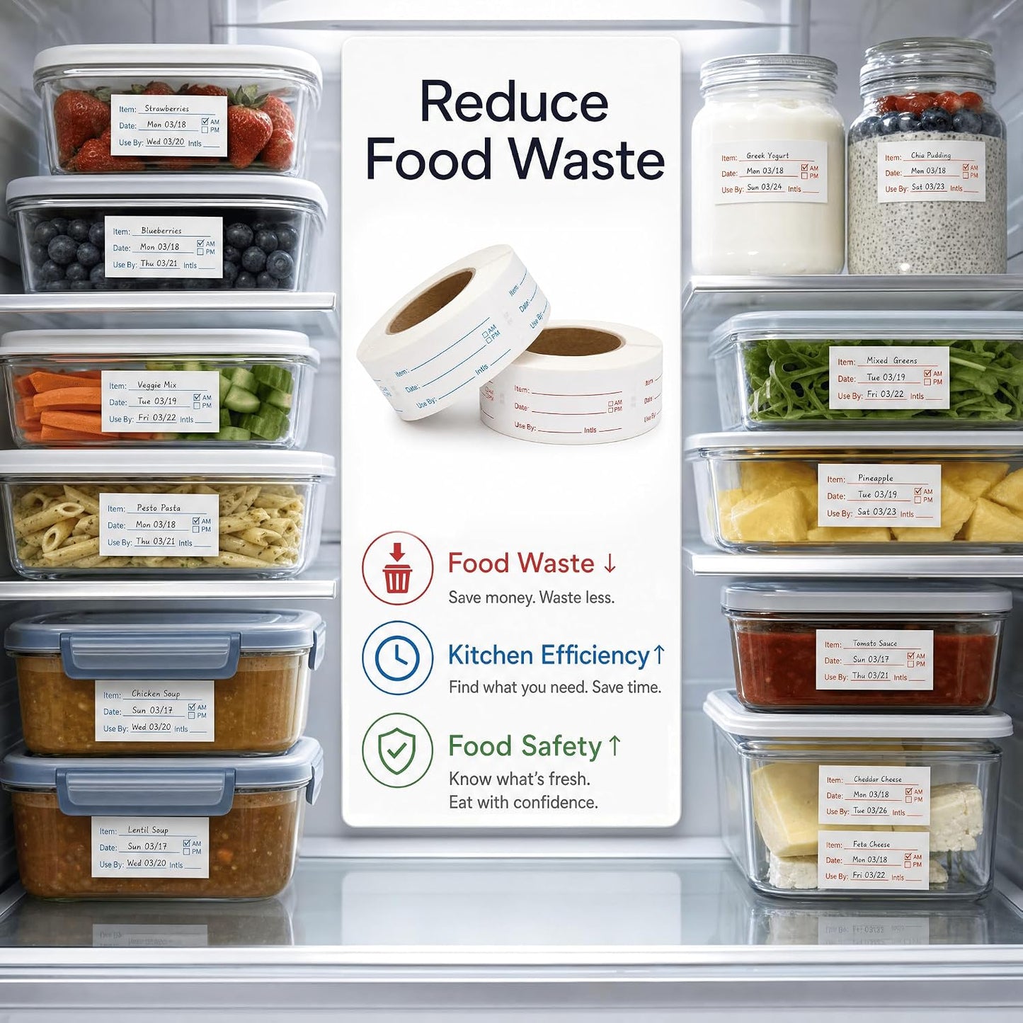 Food Labels for Containers, 2 Rolls, 500 Each, Meal Prep Kitchen Storage. | 1000 labels total. Writable fields Item Date Use By AM PM Initials. 1x2 inch labels for meal prep kitchen restaurant storage.