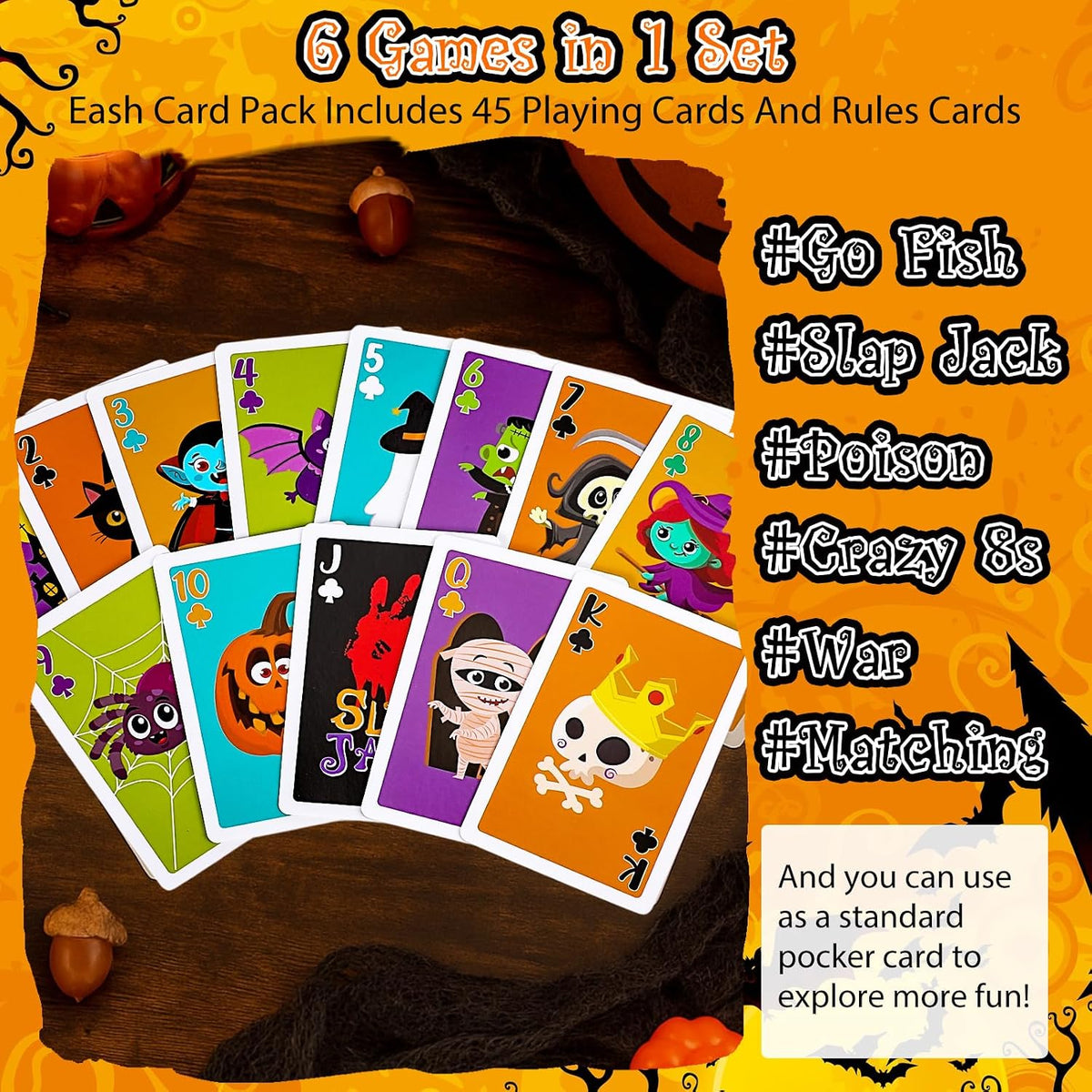 Fullhawl 2 Decks Halloween 6 In1 Card Set Family Night Playing Cards Pack