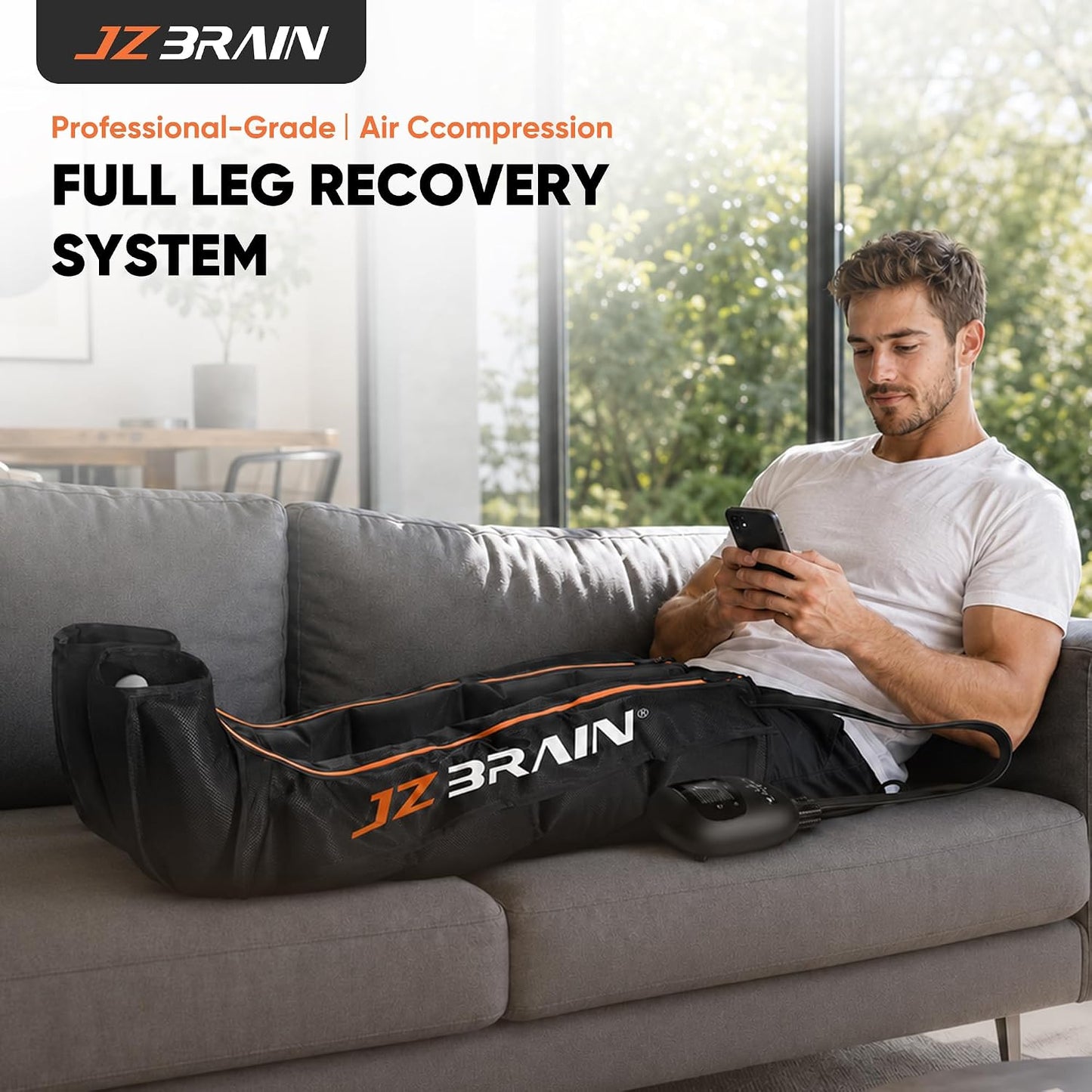 JZBRAIN Compression Boots, Full Leg Compression Massager for Circulation | Professional Grade, Sequential Massage, Cordless and Rechargeable Use, 3500mAh, 5H Runtime, 6 Modes, 8 Intensity, Large