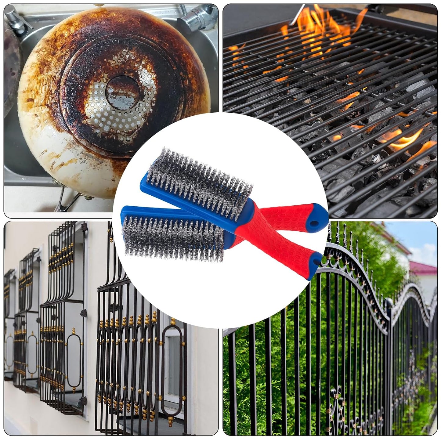 Wire Brushes 2 Pcs Steel Brushes Heavy Duty Carbon Steel and Stainless Steel Wire Scratch Brush with Rubber Ergonomic Handle (16x3.5cm)