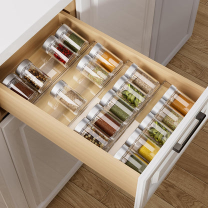 MIUKAA Acrylic Spice Drawer Organizer, 4 Tier - 8 Pack Seasoning Organizer for Drawer, Expandable From 13" to 26" Kitchen Drawer Spice Rack with Slip-Proof Mat (Jars not Included)