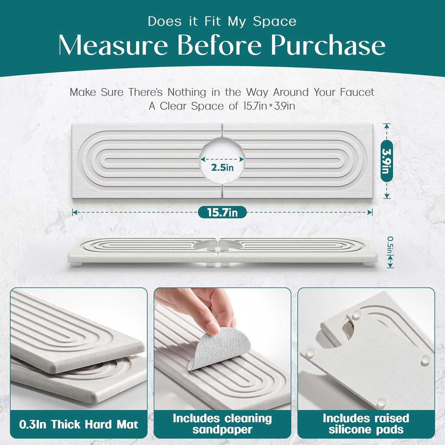 Stone Faucet Mat for Kitchen Sink – Diatomite Drying Stone Mat & Sink Protector, Prevents Moisture – Sink Splash Guard Water-Absorbing Stone Tray for Bathroom Counter (Light Grey, 20" x 3.9")