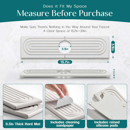 Stone Faucet Mat for Kitchen Sink – Diatomite Drying Stone Mat & Sink Protector, Prevents Moisture – Sink Splash Guard Water-Absorbing Stone Tray for Bathroom Counter (Light Grey, 20" x 3.9")