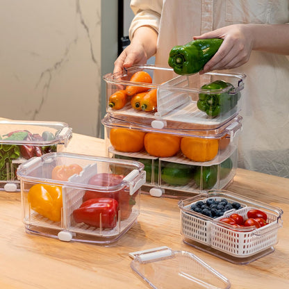 Felli Duo Fresh Produce Saver for Fridge, Fruit Vegetable Container with Vent & Drainage in Bottom for Wash, Colander Strainer Storage Bin for Refrigerator, Berry Lettuce Keeper