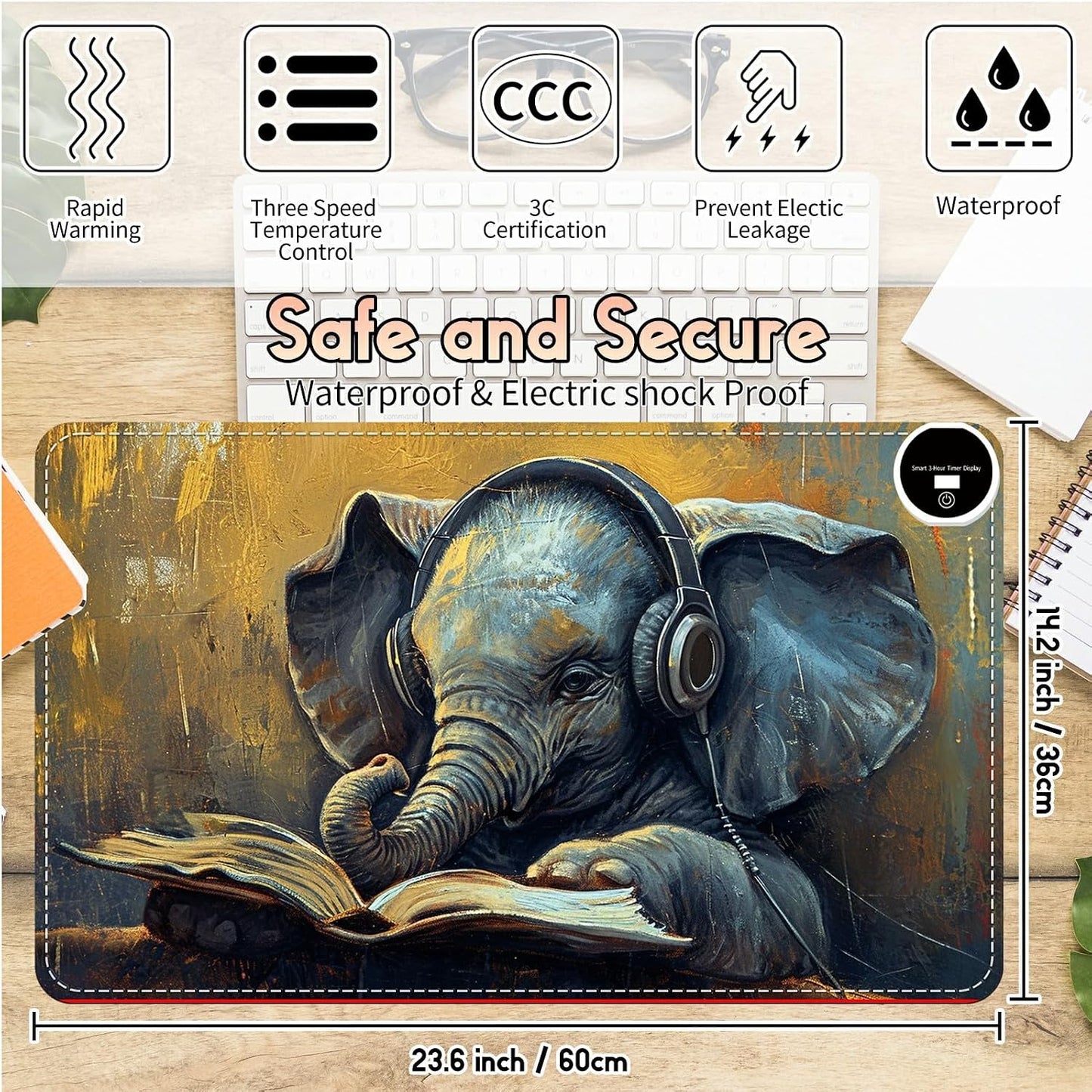 Heated Desk Pad Heated Large Mouse Pad, Electric Quickly Warm Desk Mat with 3 Levels Heating 3 Hours Auto Shut-Off, 31.5" x 13" Warm Gaming Mousepad Hand Foot Warmer, Baby Elephant