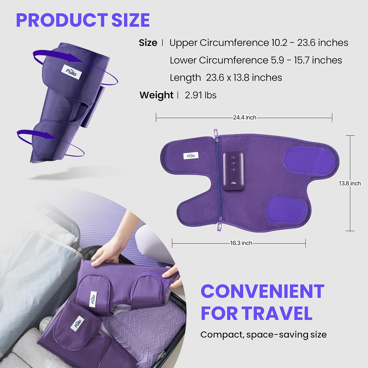 PULIO Leg Care Device V2 with New Controller Purple - 3 Modes, 3 Intensities - USB-C Rechargeable Cordless