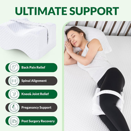 Knee Pillow for Side Sleepers - Between Legs Pillow for Side Sleeping, Back & Sciatica Pain Relief, Joints & Hip, Charcoal Memory Foam Leg Cushion, with Straps & Removable Cover (White)