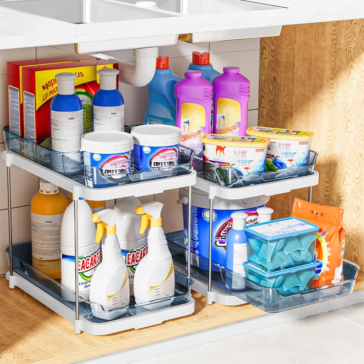 Delamu 2-Tier Multi-Purpose Bathroom Under Sink Organizers and Storage, Stackable Kitchen Pantry Organization, Pull Out Medicine Cabinet Organizer with Movable Dividers, White, 2 Pack